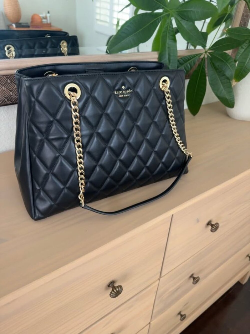 Kate Spade Carey Quilted Leather Tote Black Gold KH229